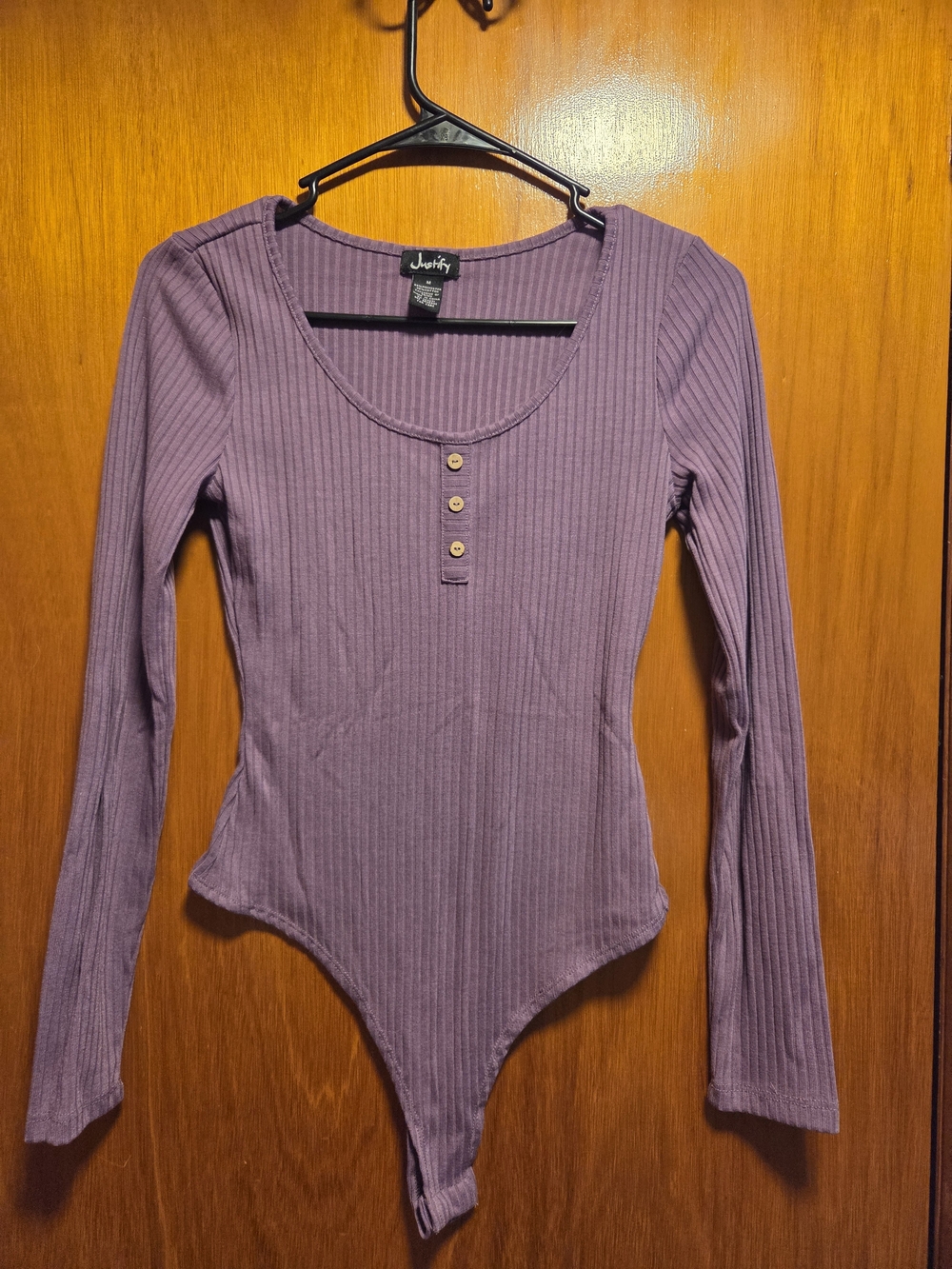 Justify Lavender Ribbed Long-Sleeve Bodysuit with Button Front